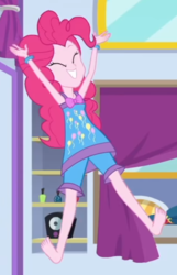 Size: 2100x3262 | Tagged: safe, screencap, pinkie pie, equestria girls, equestria girls series, g4, sunset's backstage pass!, spoiler:eqg series (season 2), barefoot, clothes, cropped, feet, female, happy, high res, jumping, pajamas, sleeveless, soles, solo