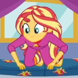 Size: 2100x2090 | Tagged: safe, screencap, sunset shimmer, equestria girls, equestria girls series, g4, sunset's backstage pass!, spoiler:eqg series (season 2), barefoot, clothes, cropped, feet, female, high res, pajamas, smiling, solo