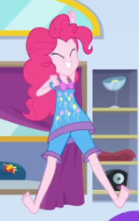 Size: 2100x3338 | Tagged: safe, screencap, equestria girls, equestria girls series, g4, sunset's backstage pass!, spoiler:eqg series (season 2), barefoot, clothes, cropped, feet, happy, high res, jumping, nightgown, pajamas, sleeveless, smiling