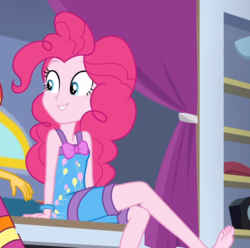 Size: 2100x2082 | Tagged: safe, screencap, pinkie pie, sunset shimmer, equestria girls, equestria girls series, g4, sunset's backstage pass!, spoiler:eqg series (season 2), barefoot, clothes, cropped, feet, female, high res, legs, nightgown, pajamas, sleeveless