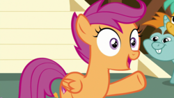 Size: 1920x1080 | Tagged: safe, screencap, scootaloo, snails, snips, pegasus, pony, unicorn, g4, the last crusade, colt, cute, cutealoo, female, filly, foal, folded wings, male, open mouth, raised hoof, wings