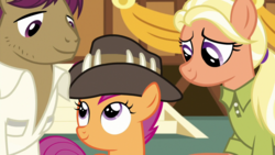 Size: 1920x1080 | Tagged: safe, screencap, mane allgood, scootaloo, snap shutter, pegasus, pony, g4, the last crusade, female, filly, foal, hat, male, mare, stallion