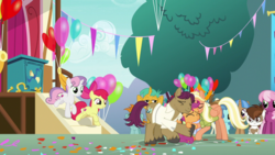 Size: 1920x1080 | Tagged: safe, screencap, apple bloom, cheerilee, liza doolots, mane allgood, petunia, pipsqueak, scootaloo, snails, snap shutter, snips, sweetie belle, tootsie flute, pony, g4, the last crusade, cutie mark crusaders, hug