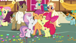 Size: 1920x1080 | Tagged: safe, screencap, apple bloom, fluttershy, mane allgood, mayor mare, pinkie pie, scootaloo, snails, snap shutter, snips, spike, sweetie belle, dragon, earth pony, pegasus, pony, unicorn, g4, the last crusade, bipedal, bloom butt, butt, colt, cutie mark crusaders, female, filly, foal, hoofbump, male, mare, plot, stallion, sweetie butt