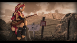 Size: 9600x5400 | Tagged: safe, artist:imafutureguitarhero, sunset shimmer, unicorn, anthro, unguligrade anthro, g4, 3d, absurd file size, absurd resolution, acoustic guitar, bare shoulders, boots, branches, breasts, briefs, chromatic aberration, cleavage, clothes, cloud, colored eyebrows, colored eyelashes, dead grass, electric fence, female, fence, film grain, fingerless gloves, floppy ears, gloves, grass, guitar, horn, leather, leather boots, leather gloves, long hair, long mane, mare, mountain, multicolored hair, multicolored mane, multicolored tail, musical instrument, open mouth, outdoors, revamped anthros, revamped ponies, shoes, sign, signature, sitting, solo, source filmmaker, sticks, tank top, text, tree stump, underwear, wall of tags, wallpaper