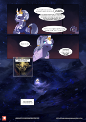 Size: 3541x5016 | Tagged: safe, artist:freeedon, artist:lummh, oc, oc:appolonia, oc:selendis, pony, unicorn, comic:the lost sun, blizzard, collaboration, comic, female, filly, foal, gem, glowing eyes, horn, horn ring, magicorn, mare, patreon, patreon logo, snow, snowfall, speech bubble, younger