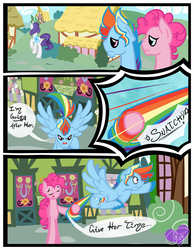 Size: 3500x4500 | Tagged: dead source, safe, artist:becauseimpink, pinkie pie, rainbow dash, rarity, earth pony, pegasus, pony, unicorn, comic:transition, g4, angry, bubble berry, comic, dexterous hooves, dialogue, elusive, eyes closed, flying, male, rainbow blitz, rule 63, sad, stallion, tail, tail pull, transgender