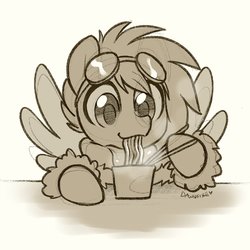 Size: 1200x1200 | Tagged: safe, artist:dawnfire, oc, oc only, oc:gryph xander, pegasus, pony, chopsticks, clothes, cup noodles, cute, eating, goggles, jacket, monochrome, ocbetes, solo
