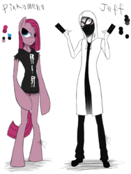 Size: 1200x1600 | Tagged: safe, artist:didun850, pinkie pie, earth pony, human, anthro, unguligrade anthro, g4, arm hooves, clothes, crossover, duo, eye clipping through hair, face mask, female, jeff the killer, male, meme, pinkamena diane pie, reference sheet