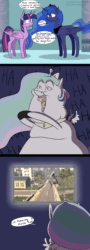 Size: 614x1706 | Tagged: safe, artist:tralalayla, princess celestia, princess luna, twilight sparkle, alicorn, pony, g4, animated, chubbylestia, comic, controller, dialogue, faic, fat, female, goat simulator, laughing, mare, morbidly obese, obese, open mouth, speech bubble, twilight sparkle (alicorn), video game