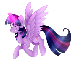 Size: 2029x1711 | Tagged: safe, artist:cosmiickatie, twilight sparkle, alicorn, pony, g4, cheek fluff, chest fluff, cute, ear fluff, eye clipping through hair, female, glowing horn, horn, magic, magic aura, mare, one eye closed, simple background, smiling, solo, spread wings, transparent background, twiabetes, twilight sparkle (alicorn), wings, wink