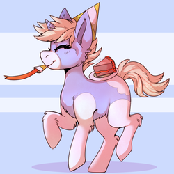 Size: 1200x1200 | Tagged: safe, artist:cinnamonsparx, oc, oc only, oc:nootaz, pony, unicorn, cake, female, food, mare, party horn, solo