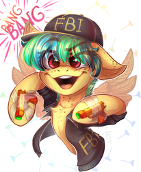 Size: 1144x1391 | Tagged: safe, artist:falafeljake, oc, oc only, oc:apogee, pegasus, pony, chest fluff, clothes, ear fluff, eye clipping through hair, fbi, fbi open up, female, filly, hat, smiling, solo, spread wings, tape, toy gun, wings