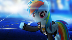 Size: 2444x1375 | Tagged: safe, artist:bastbrushie, artist:sebisscout1997, rainbow dash, pegasus, pony, g4, clothes, female, grand theft auto, greaser, jacket, leather jacket, lens flare, rebel, road, solo
