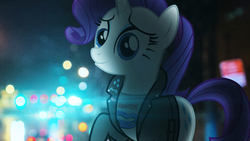 Size: 2444x1375 | Tagged: safe, artist:bastbrushie, artist:sebisscout1997, rarity, pony, unicorn, g4, clothes, female, jacket, lens flare, lights, night, rebel, solo