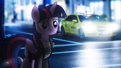 Size: 2444x1375 | Tagged: safe, artist:bastbrushie, artist:sebisscout1997, twilight sparkle, alicorn, pony, g4, car, clothes, female, greaser, irl, jacket, leather jacket, lens flare, manhattan, mare, new york city, night, photo, ponies in real life, rebel, taxi, twilight sparkle (alicorn), vector