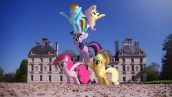 Size: 3840x2160 | Tagged: safe, artist:bastbrushie, applejack, fluttershy, pinkie pie, rainbow dash, twilight sparkle, earth pony, pegasus, pony, unicorn, g4, castle, château de cheverny, france, high res, irl, photo, ponies in real life, pony pile, pony pyramid, tower of pony