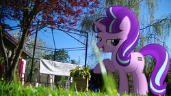 Size: 3840x2160 | Tagged: safe, artist:bastbrushie, artist:dashiesparkle, starlight glimmer, pony, g4, bedroom eyes, equal cutie mark, fence, garden, high res, irl, photo, ponies in real life, pose, raised hoof, s5 starlight, shadow, solo, tree, vector, yard