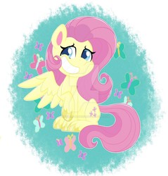 Size: 1280x1338 | Tagged: safe, artist:missbramblemele, fluttershy, pegasus, pony, g4.5, my little pony: pony life, deviantart watermark, female, grin, mare, obtrusive watermark, one wing out, raised hoof, sitting, smiling, solo, three quarter view, unshorn fetlocks, watermark, wings