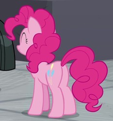 Size: 601x644 | Tagged: safe, screencap, pinkie pie, earth pony, pony, g4, the last laugh, balloonbutt, butt, cropped, eyes closed, female, happy, mare, plot, rear view