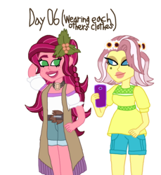 Size: 1648x1800 | Tagged: safe, artist:ktd1993, gloriosa daisy, vignette valencia, equestria girls, g4, 30 day otp challenge, 6, cellphone, clothes swap, female, gloriette, lesbian, phone, shipping