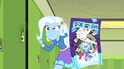 Size: 1280x720 | Tagged: safe, screencap, trixie, equestria girls, equestria girls specials, g4, my little pony equestria girls: better together, my little pony equestria girls: forgotten friendship, canterlot high, female, lockers, poster, solo, trixie's poster