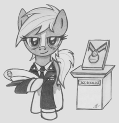Size: 914x943 | Tagged: safe, artist:lockerobster, oc, oc only, earth pony, pony, army, cap, dress uniform, female, hat, lidded eyes, looking at you, mare, medal, military, military uniform, monochrome, necktie, ponified, sergeant reckless, smiling, solo, warpone