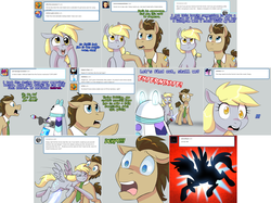 Size: 3006x2254 | Tagged: safe, artist:jitterbugjive, derpy hooves, doctor whooves, time turner, earth pony, pegasus, pony, robot, lovestruck derpy, g4, crossover, dalek, doctor who, female, heroic sacrifice, high res, male, mare, necktie, stallion, taking the bullet, the doctor