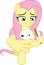 Size: 3000x4422 | Tagged: safe, artist:cloudy glow, angel bunny, fluttershy, pegasus, pony, rabbit, a trivial pursuit, g4, .ai available, animal, brush, cute, lidded eyes, shyabetes, simple background, smiling, transparent background, vector
