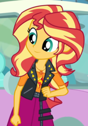 Size: 702x1006 | Tagged: safe, screencap, sunset shimmer, driving miss shimmer, equestria girls, equestria girls series, g4, clothes, cropped, cute, cutie mark on clothes, driving miss shimmer: fluttershy, female, fluttershy's car, geode of empathy, jewelry, leather, leather vest, magical geodes, necklace, shimmerbetes, shoulderless shirt, skirt, solo, spikes, sun, vest