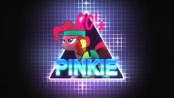 Size: 3860x2171 | Tagged: safe, artist:bastbrushie, edit, pinkie pie, royal ribbon, earth pony, pony, g4, 80s, high res, purple background, simple background, synthwave, wallpaper, wallpaper edit