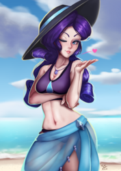 Size: 706x1000 | Tagged: safe, artist:the-park, rarity, human, equestria girls, g4, adorasexy, beach, beach babe, belly button, blowing a kiss, clothes, cloud, cute, cutie mark swimsuit, female, floating heart, geode of shielding, hat, heart, human coloration, looking at you, magical geodes, midriff, ocean, one eye closed, purple swimsuit, raribetes, rarity's blue sarong, rarity's purple bikini, sarong, see-through, sexy, sky, smiling, solo, stupid sexy rarity, sun hat, swimsuit, wink