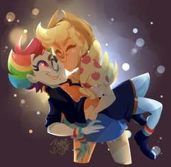 Size: 400x391 | Tagged: safe, artist:ballpitbee, applejack, rainbow dash, human, g4, the last problem, carrying, eyes closed, female, humanized, kissing, lesbian, older, older applejack, older rainbow dash, ship:appledash, shipping