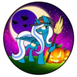 Size: 2274x2268 | Tagged: safe, artist:mlp-l-master, oc, oc:fleurbelle, alicorn, bat, pony, alicorn oc, broom, female, grin, halloween, hat, high res, holiday, horn, mare, moon, pumpkin, smiling, witch hat, yellow eyes
