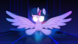 Size: 3840x2160 | Tagged: safe, artist:bastbrushie, edit, twilight sparkle, alicorn, pony, g4, 80s, female, flying, glowing eyes, grid, high res, mare, neon, solo, synthwave, twilight sparkle (alicorn), wallpaper, wallpaper edit, wings