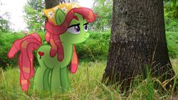 Size: 3840x2160 | Tagged: safe, artist:bastbrushie, artist:thebosscamacho, tree hugger, pony, g4, forest, high res, irl, photo, ponies in real life, shadow, smiling, solo, tree, vector