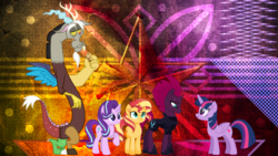 Size: 3840x2160 | Tagged: safe, artist:ejlightning007arts, artist:estories, artist:itspeahead, artist:laszlvfx, artist:limedazzle, edit, discord, starlight glimmer, sunset shimmer, tempest shadow, twilight sparkle, alicorn, draconequus, pony, unicorn, g4, 4k, broken horn, cookie, eating, eye scar, female, food, frown, high res, horn, male, mare, movie accurate, open mouth, open smile, quintet, sad, scar, smiling, twilight sparkle (alicorn), wallpaper, wallpaper edit