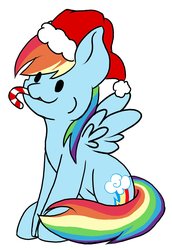 Size: 1435x2088 | Tagged: safe, artist:noxi1_48, rainbow dash, pegasus, pony, g4, :3, candy, candy cane, christmas, commission, dot eyes, female, food, happy, hat, holiday, mare, nom, santa hat, simple background, solo, sugar cane, white background, your character here