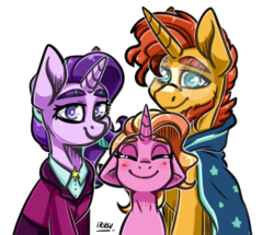 Size: 2724x2345 | Tagged: safe, artist:lrusu, luster dawn, starlight glimmer, sunburst, pony, unicorn, g4, the last problem, blaze (coat marking), clothes, coat markings, eyes closed, facial markings, family, female, filly, filly luster dawn, glasses, headcanon, high res, luster dawn is starlight's and sunburst's daughter, male, mama starlight, mare, offspring, older starlight glimmer, older sunburst, papa sunburst, parent:starlight glimmer, parent:sunburst, parents:starburst, robe, ship:starburst, shipping, simple background, smiling, stallion, straight, sunburst's cloak, sunburst's glasses, white background