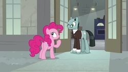 Size: 1920x1080 | Tagged: safe, screencap, pinkie pie, sans smirk, earth pony, pony, g4, the last laugh, butt, clothes, female, glasses, male, mare, plot, raised hoof, stallion, thinking