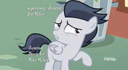 Size: 1179x645 | Tagged: safe, screencap, rumble, pegasus, pony, g4, marks and recreation, colt, credits, discovery family logo, male, solo, trash can
