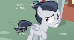 Size: 1179x645 | Tagged: safe, screencap, rumble, pegasus, pony, g4, marks and recreation, colt, credits, discovery family logo, male, solo, trash can