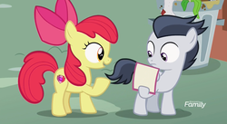 Size: 1181x647 | Tagged: safe, screencap, apple bloom, rumble, earth pony, pegasus, pony, g4, marks and recreation, bow, card, colt, discovery family logo, female, filly, flyer, male, trash can
