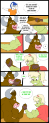 Size: 3168x7864 | Tagged: safe, artist:matchstickman, granny smith, oc, unnamed oc, earth pony, minotaur, anthro, comic:free cider, g4, anthro oc, arm wrestling, biceps, breasts, busty granny smith, clothes, comic, deltoids, dialogue, female, flashback, granny smash, male, mare, muscles, shirt, stallion, sweat, table, young granny smith, younger