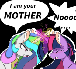 Size: 4059x3705 | Tagged: safe, artist:cuddlelamb, princess celestia, twilight sparkle, pony, g4, blushing, crossed horns, eyes closed, glowing horn, horn, horns are touching, i am your father, lightsaber, magic, star wars, weapon