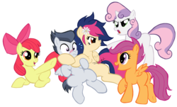 Size: 4137x2500 | Tagged: safe, artist:edcom02, apple bloom, rumble, scootaloo, sweetie belle, oc, oc:mayday parker sparkle, earth pony, pegasus, pony, unicorn, g4, blushing, colt, crossover, cutie mark crusaders, female, filly, male, offspring, parent:peter parker, parent:twilight sparkle, parents:spidertwi, rumble gets all the fillies, simple background, straight, transparent background