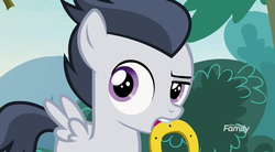 Size: 1181x653 | Tagged: safe, screencap, rumble, pegasus, pony, g4, marks and recreation, colt, discovery family logo, horseshoes, looking back, male, mouth hold, solo