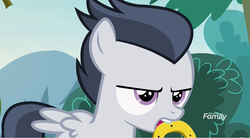 Size: 1179x652 | Tagged: safe, screencap, rumble, pegasus, pony, g4, marks and recreation, annoyed, colt, discovery family logo, horseshoes, male, mouth hold, solo