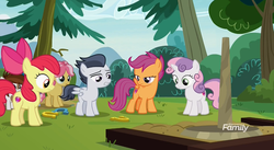 Size: 1177x647 | Tagged: safe, screencap, apple bloom, kettle corn, pipsqueak, rumble, scootaloo, skeedaddle, sweetie belle, earth pony, pegasus, pony, unicorn, g4, marks and recreation, colt, cutie mark, cutie mark crusaders, cutie mark day camp, discovery family logo, female, filly, horseshoes, looking down, male, the cmc's cutie marks