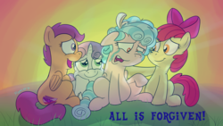 Size: 3840x2160 | Tagged: safe, artist:rupert, apple bloom, cozy glow, scootaloo, sweetie belle, earth pony, pegasus, pony, unicorn, g4, a better ending for cozy, adorabloom, belly, comforting, cozybetes, cozylove, crying, cute, cutealoo, cutie mark crusaders, diasweetes, female, filly, forgiveness, high res, messy mane, sad, tears of pain, uplifting, wholesome